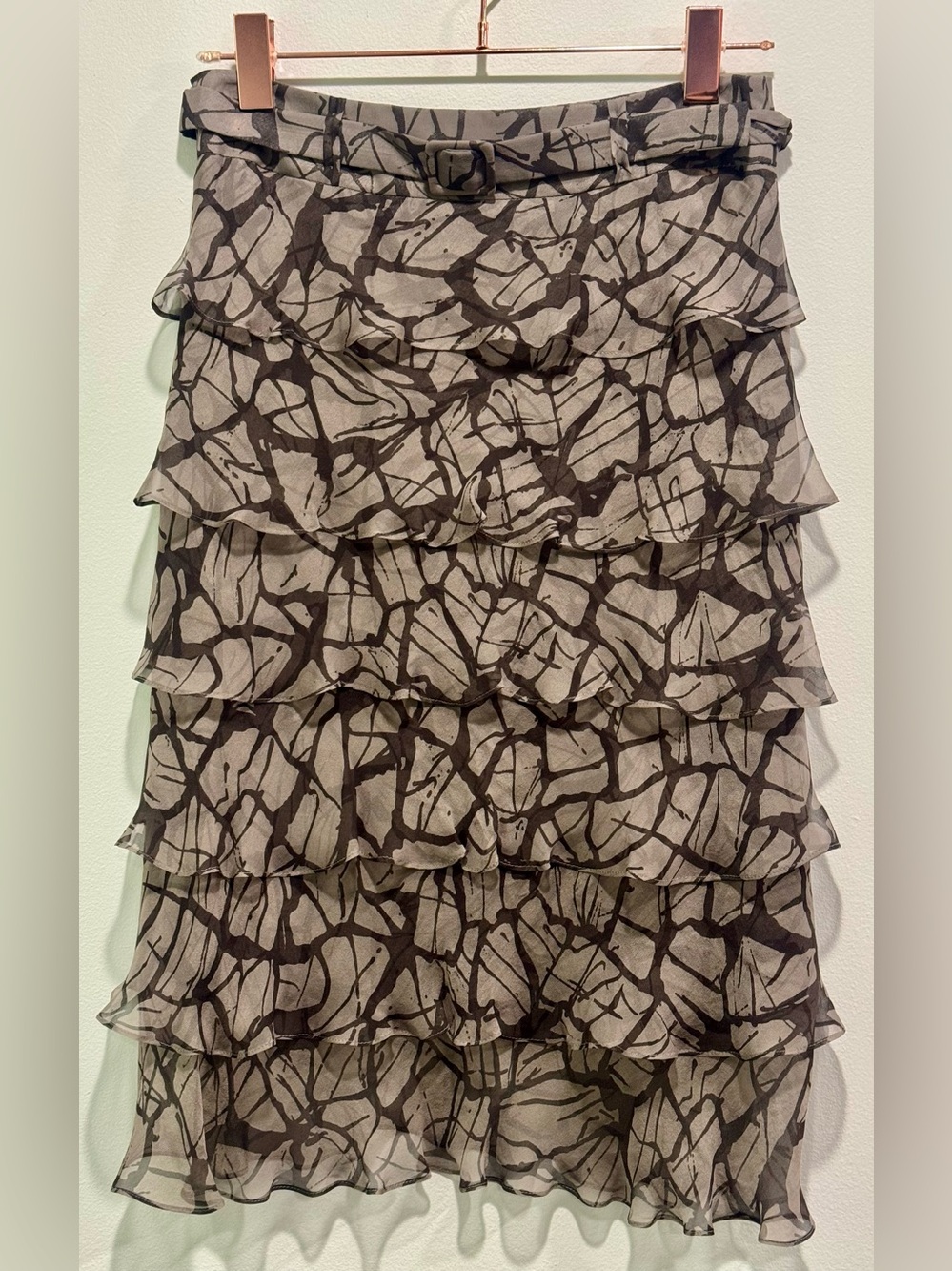 Hugo Boss 100% Silk Tiered Ruffle Midi Skirt Taupe Brown Print 6